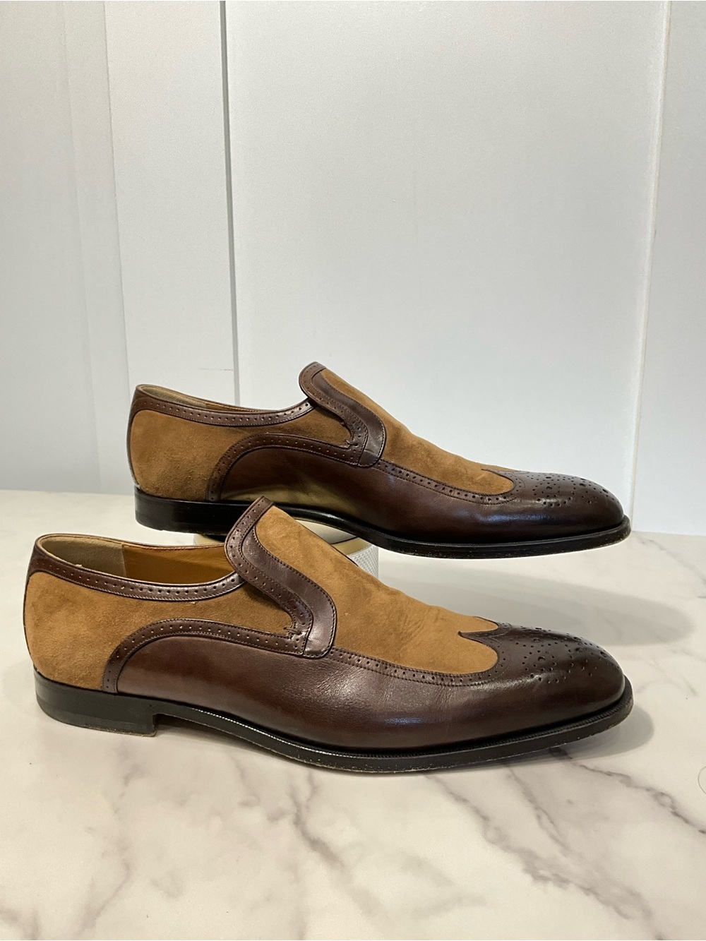 GUCCI Brown Tan Suede Leather Brogue Slip On Loafers Dress Shoes Men’s 10.5
